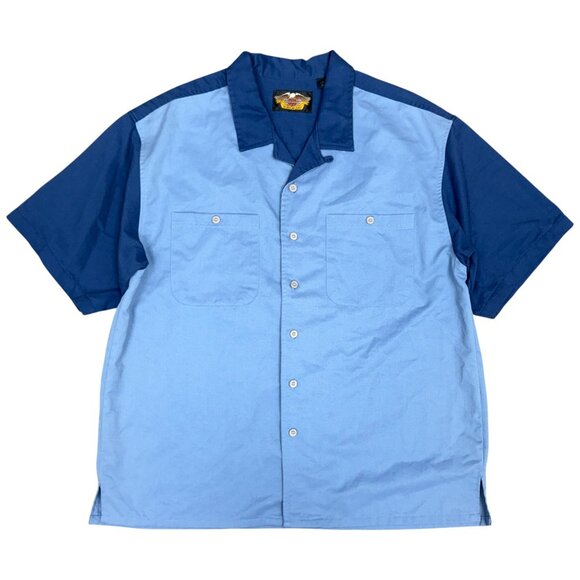 EUC Men's HARLEY DAVIDSON Embroidered Camp Collar Two-Toned Blue Shirt | Size XL - Picture 2 of 5